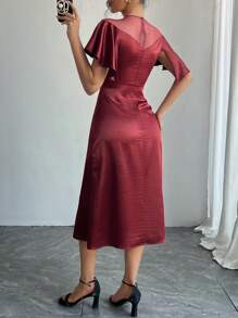 DAZY Ankle-Length Fitted Red Dress With Mesh Ruffle Trim, Suitable For Parties, Dates, And Nights Out Prom Dress Sundress Wedding Women Dresses Christmas - Burgundy - View 6