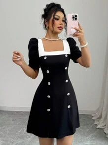 Elenzga 女士优雅撞色方领短袖连衣裙