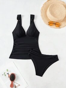 Swim Lushoire 2 件装黑色纯色环带背心和泳裤休闲度假比基尼套装女式，适合夏季海滩 - 黑色 - 查看 4