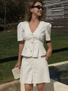 DAZY Women's Spring/Summer Elegant Linen Blend Suit Set, Vacation Style Business Attire - Khaki - View 2