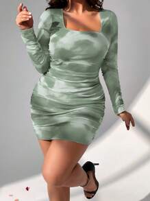 SHEIN Privé Plus Size Elegant College Style Unique Ombre Watercolor Print Mesh Sexy Bodycon Long Sleeve Dress For Date