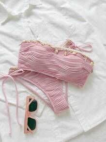 Swim Mod 夏季女士两件套纹理纯色贝壳吊带装饰挂脖系带比基尼套装，手工贝壳数量随机 - 粉色 - 查看 1