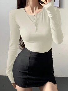 DAZY Women's Slim Fit Solid Color Button Closure Half Placket Long Sleeve T-Shirt, Spring New Arrival,Fall Clothes