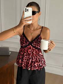 SHEIN Frenchy 女士时尚豹纹蕾丝边吊带背心