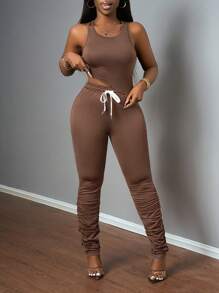 Slaydiva 夏季新款基础款休闲运动街头露背背心和系腰裤女款 2 件套服装 - 棕色 - 查看 5