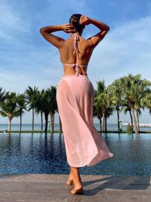 SHEIN Swim 3 件套女士夏季海滩度假性感亮片吊带上衣、纯色侧系带下装和透明网眼裙比基尼套装