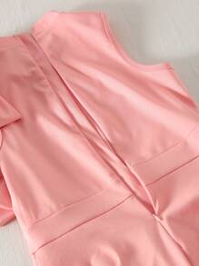 Girls High Waisted Sleeveless Simple Elegant Fashionable Half-High Collar Solid Color Jumpsuit With Detachable Bowknot Decor, Summer - Pink - View 8