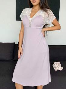 DAZY 浪漫撞色蕾丝拼布露背女士睡裙睡衣 - 粉色 - 查看 7