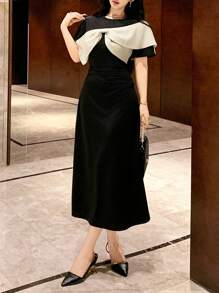 DAZY Women's Round Neck Contrast Color Short Sleeve Dress Prom Dress