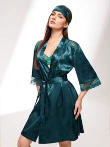 LUVLETTE Grön Silkeslen Satin Retro Elegant Lyxig Blommönster Spetskant Knytband Fram Loungewear Morgonrock Nattklänning Dam Morgonrock & Pyjamasdressing