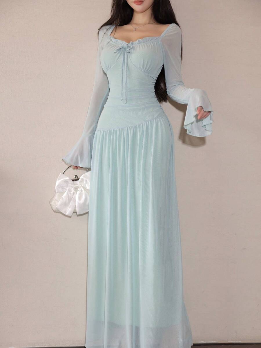 Modelyn Women's Mesh Tie-Up Flared Long Sleeve Asymmetrical Ruffle Elegant Date Night Dress Fall Cloth For Women - Mint Green - View 1