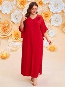 SHEIN Clasi 2pcs Plus Size Valentine's Day Romantic Elegant Solid Color Floral 3D Decor Ruffle Sleeve Slit Maxi Shirt & Pants Set - Red - View 5