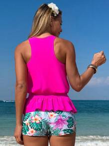 Swim Lushoire 2pcs Women Fuchsia Patchwork White Base Floral Print Crop Top With Cinched Waist Loose Beach Tankini Set - Hot Pink - View 3