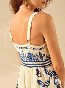 CAJUNI Women's Vintage Vacation Casual Boho Blue Floral Print Strap Wide Leg Jumpsuit