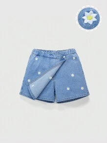 Tween Girls Floral Embroidered Denim Shorts, Loose Relaxed Fit Drawstring Waist Summer Casual Shorts - Light Wash - View 1
