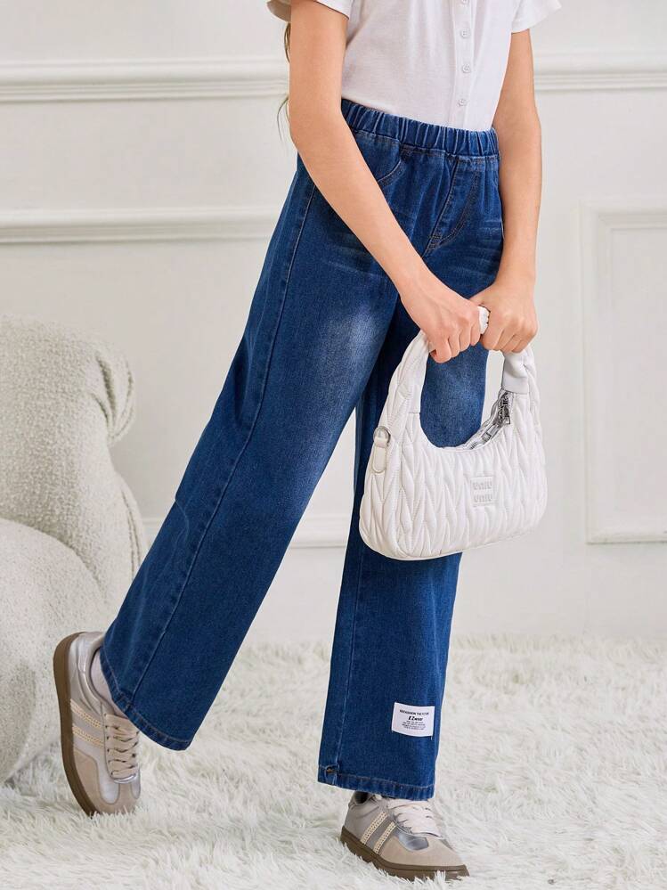 Girls Y2K Style Washed Blue Wide Leg Casual Loose Fit Jeans With Decorative Ankle Patch, Simple Fashionable And Versatile Design For Daily Wear - Dark Wash - View 4