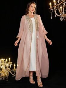 Al Najma Elegant Beaded Blouse Suit For Goddess, Fashion, Modest Kaftan - Pink - View 3