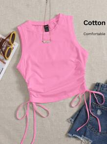 SHEIN EZwear Drawstring Side Crop Tank Top - Pink - View 5