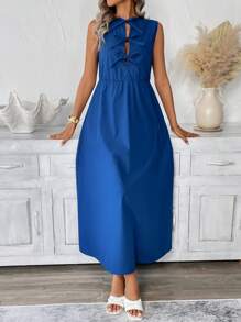 SHEIN LUNE Women's Royal Blue Long Casual Dress With Bowknot,Summer Tropical Vacation Holiday Tea Party Outfit,Boho Spring Break Outfits For Women - Blue - View 4