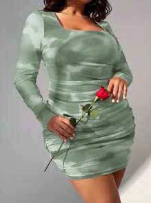 SHEIN Privé Plus Size Elegant College Style Unique Ombre Watercolor Print Mesh Sexy Bodycon Long Sleeve Dress For Date