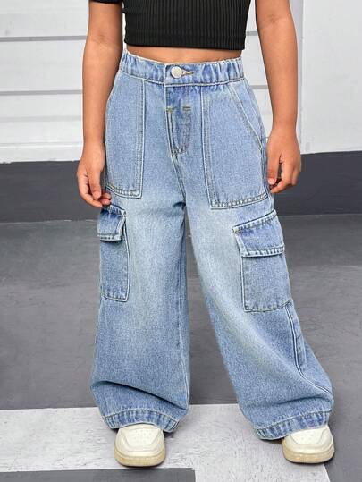 SHEIN 年轻女孩 Y2K 休闲宽松百搭牛仔工装牛仔裤，配有工作服口袋和宽腿，夏季街头凉爽薄款牛仔阔腿裤