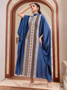 Al Najma Women's Elegant Jacquard Patchwork  Long Turkish Long Dress & Arabic Traditional Long Dress Dress  Arabian Kaftan & Jalabiya - Blue - View 6