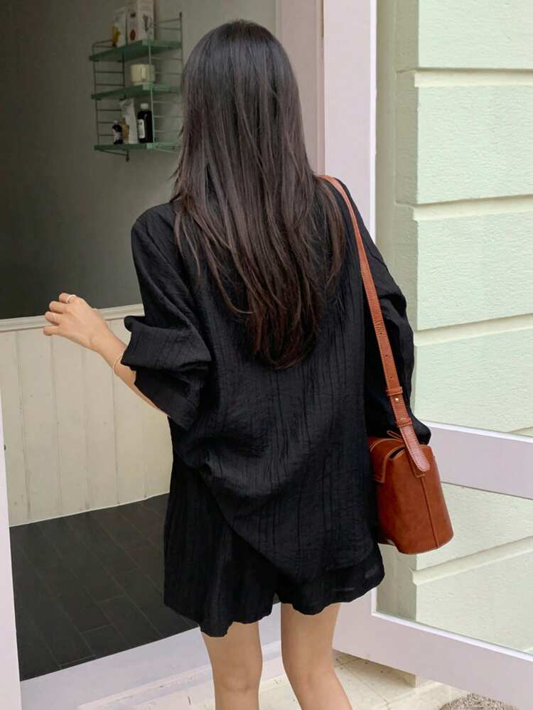 2pcs Women Textured Solid Loose Blouse And Shorts Set, Spring/Summer/Autumn