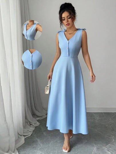 Elenzga Women's Blue Sleeveless Bow Button Waist Midi Dress