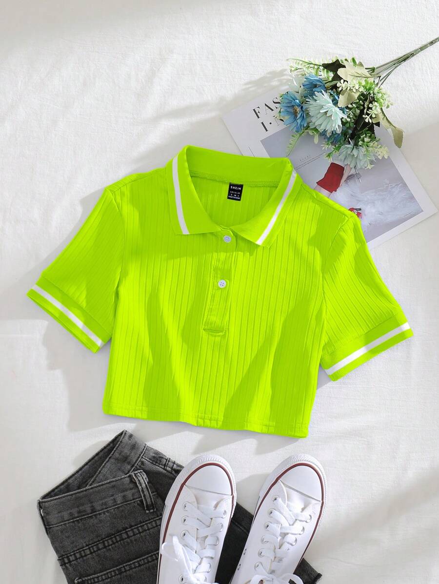 SHEIN LUNE 女士霓虹绿色拼色 Polo 短袖休闲 T 恤 - 黃色 - 查看 1