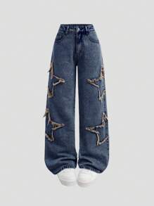SHEIN Teen Girls Y2K Fashion Star Patched Faded Frayed Boyfriend Baggy Straight Leg Denim Jeans With Star Applique And Patch Pockets, Girl's Clothing Streetwear Outfits,Versatile Style,Girls Summer Clothes Back To School Streetwear Outfits,Beach Boho Concert Loose Fit Wide Leg Pants Rave Outfits Festival,Graduation Outfit