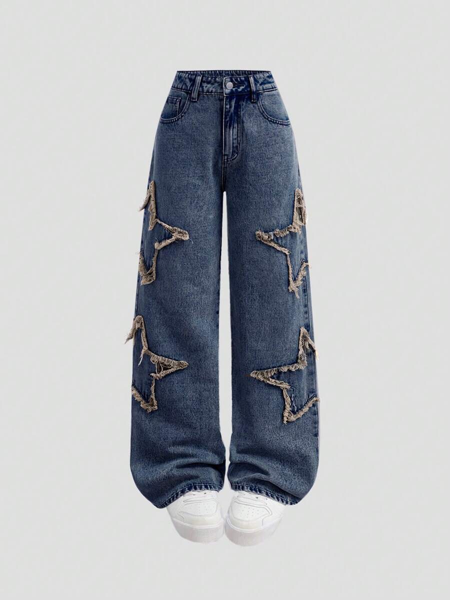 SHEIN Teen Girls Y2K Fashion Star Patched Faded Frayed Boyfriend Baggy Straight Leg Denim Jeans With Star Applique And Patch Pockets, Girl's Clothing Streetwear Outfits,Versatile Style,Girls Summer Clothes Back To School Streetwear Outfits,Beach Boho Concert Loose Fit Wide Leg Pants Rave Outfits Festival,Graduation Outfit