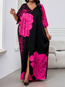 SHEIN Lady CURVE 春夏休闲优雅波西米亚风黑色编织V领直筒束腰连衣裙卡夫坦长款加大码连衣裙复活节连衣裙女士春季女装 - 玫紅色 - 查看 3