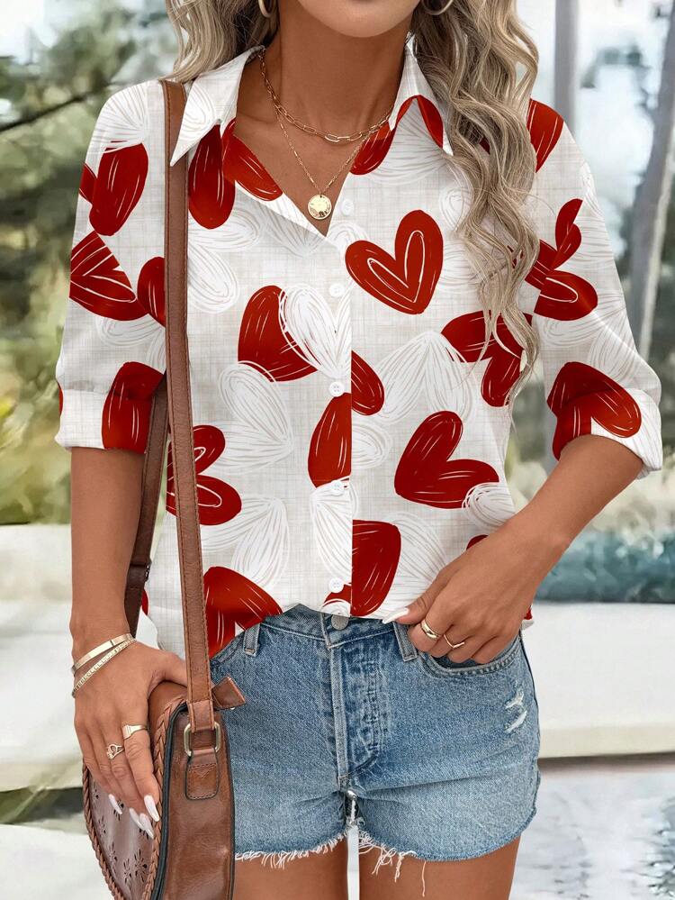 Camicia a maniche lunghe con bottoni, modello a cuori, vestibilità ampia, adatta per estate, San Valentino, uscite, top donna carini, regali di San Valentino per donne