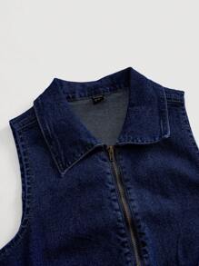 SHEIN MOD 性感弹力女式牛仔无袖连体裤，蓝色 - 深色水洗藍 - 查看 4