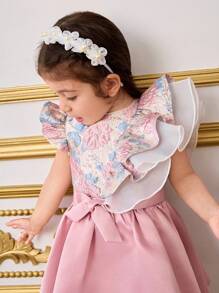 SHEIN Baby Girl 2pcs Set Fitted Cute Round Neck Ruffle Cap Sleeve Shirt And Mini Skirt - Pink - View 6