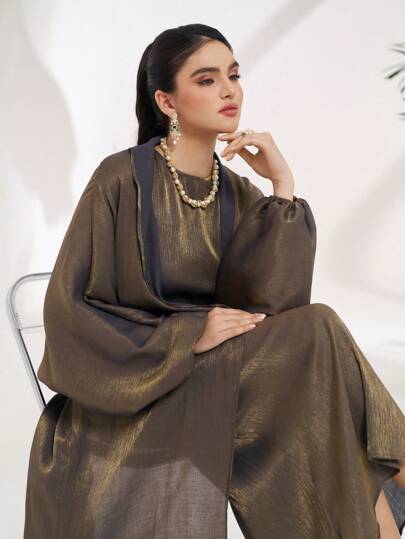 Al Najma 女士撞色金属灯笼袖阿拉伯长袍，端庄长袍