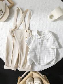 SHEIN Leap Crew 2 pièces/set Chemise casual à col claudine et salopette pour bébé garçon dans un style élégant, convient pour les occasions de printemps/été comme les anniversaires, baptêmes, 1er anniversaire, cérémonies, représentations, mariages