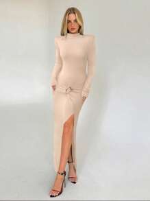 Aloruh Women Solid Color Stand Collar Long Sleeve Split Hem Slim Fit Dress - Apricot - View 1