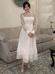 DAZY Damska sukienka na co dzień z długim rękawem, falbanką, z koronkowym kołnierzykiem i stójką, jesienna - Biały - Zobacz 9