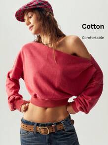 Bohemela 休闲纯色针织不对称领口长袖宽松常规女士运动衫度假 - 紅色 - 查看 2