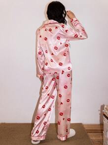 Imitation Silk Lips & Heart Pattern Cardigan & Pants Valentine's Day Pajama Set - Multicolor - View 4