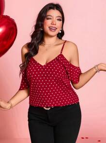 SHEIN Clasi Plus Size Women Heart Print Open Shoulder Fashion Blouse For Summer - Red - View 5