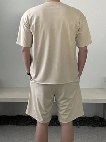 DAZY 休闲男士字母印花米色 T 恤套装，夏季 - 米色 - 查看 2