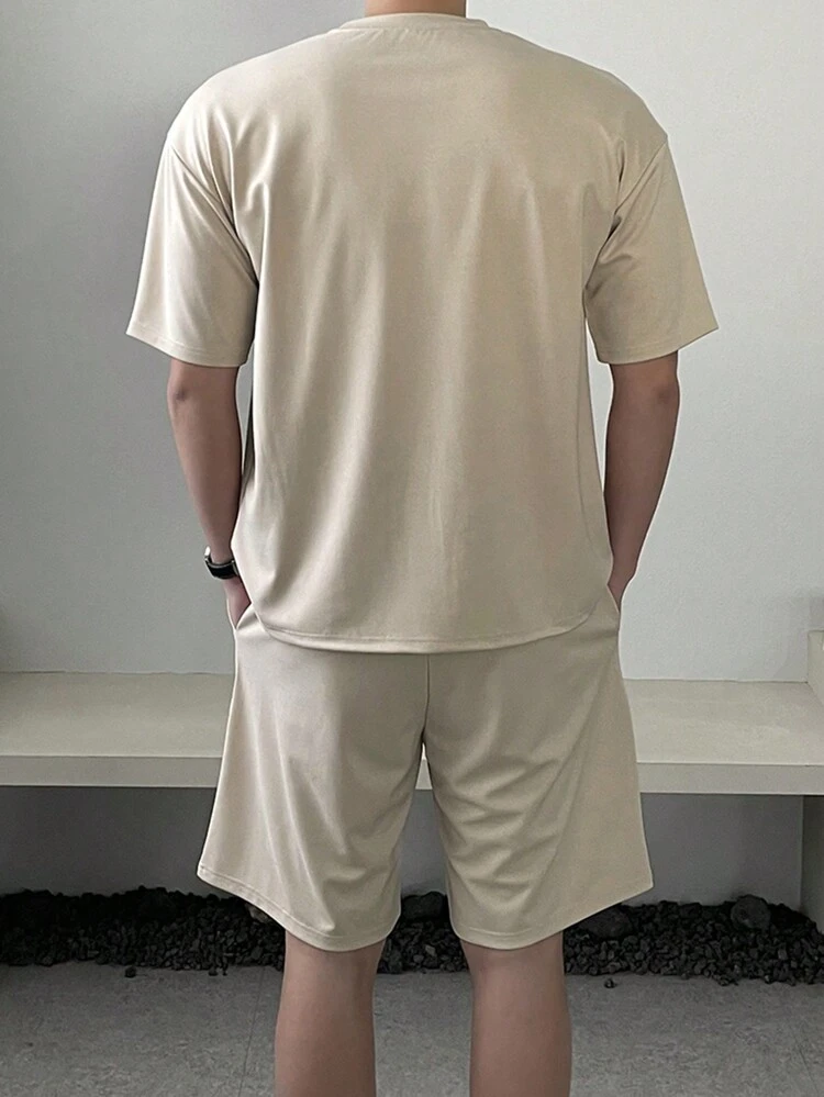 Casual Men's Letter Print Beige T-Shirt Set, Summer
