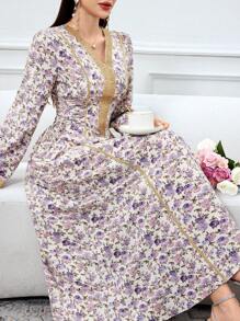 Al Najma 女式花卉印花拼接简约长袖休闲阿拉伯连衣裙，端庄 - 彩色 - 查看 2