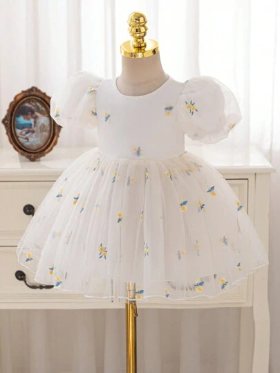 SHEIN Glamorique Kids 复活节女婴生日派对婚礼礼服，3D刺绣薄纱泡泡裙，适合舞台表演、日常穿着、拍照看起来更自然美丽