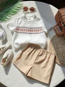 SHEIN Leap Crew 2pcs Toddler Baby Boy/Girl Casual Folk Pattern Print Linen Comfortable Short Sleeve Stand Collar Shirt & Shorts Set Suit For Outing, Holiday, School, Home, Spring/Summer - Khaki - View 1