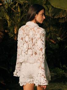 Anewsta Blusa blanca casual y holgada con encaje calado, adecuada para la playa y festivales - Blanco - Ver 2