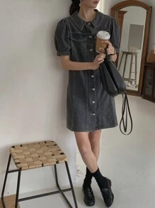 FRIFUL Abito di jeans casual da donna con maniche a palloncino e bottoni sul davanti, abito estivo