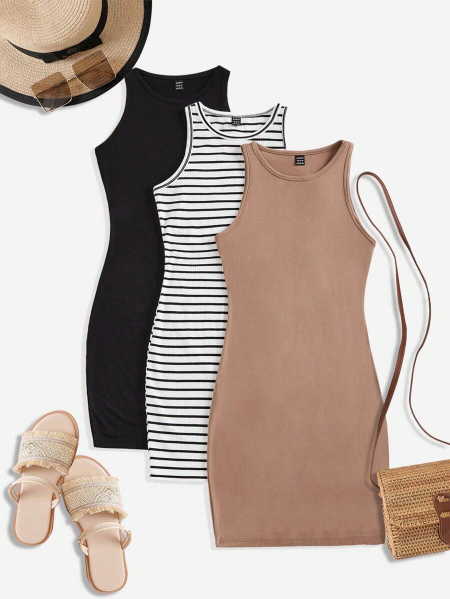 Bộ 3 áo ba lỗ dệt kim đơn giản thời trang thường ngày cho bé gái tuổi teen và chân váy - Nhiều màu - Xem 1